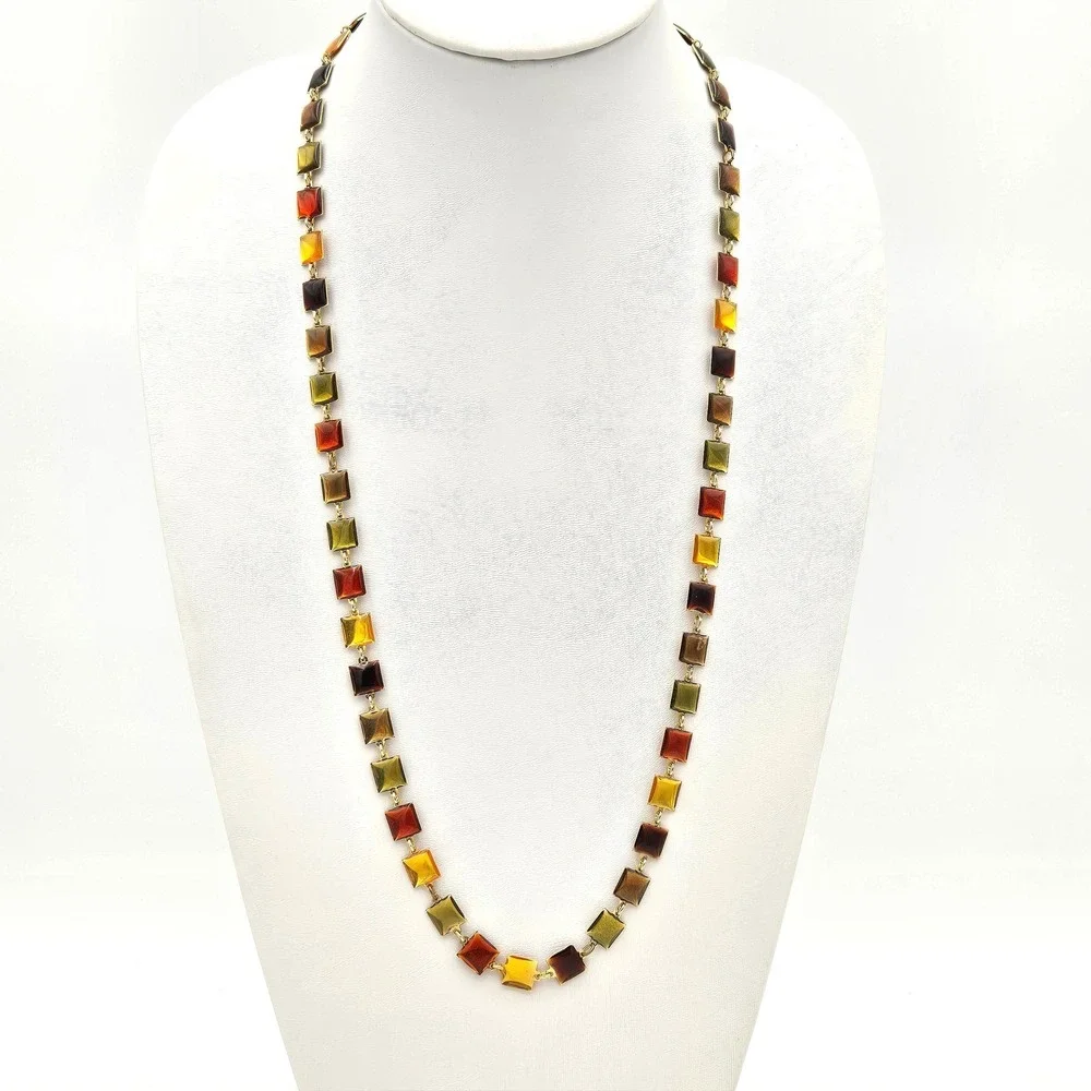 Vintage Earth Tone Enamel Square Station Necklace Gold Tone Long 36‎ Inch